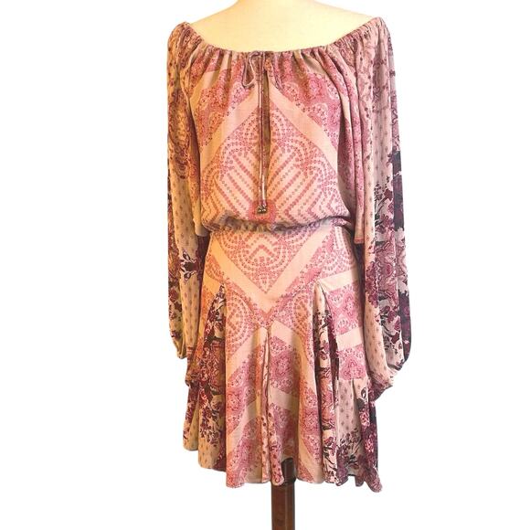 Free People Seven Wonders Mini Dress Long Sleeve Dusty Rose Combo Large NWT - Picture 7 of 11